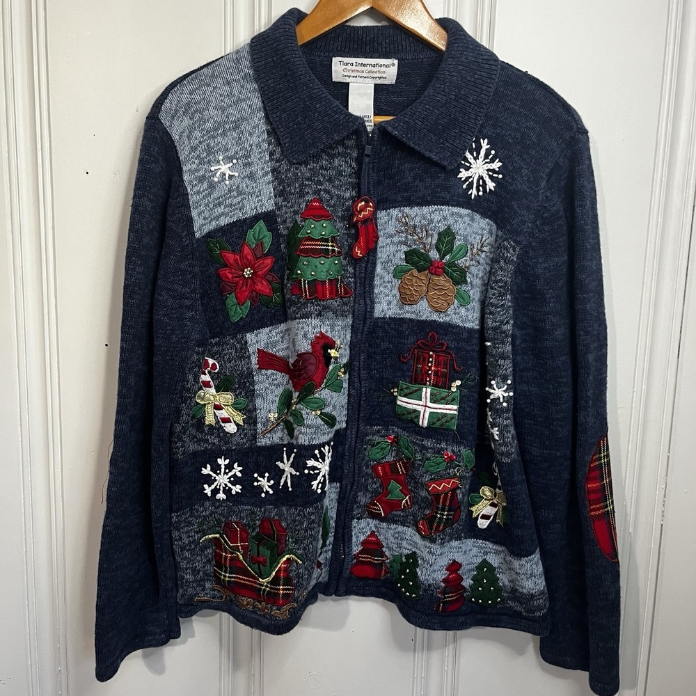 Tiara International Full Front Zip Vintage Christmas Collection Size XL Sweater